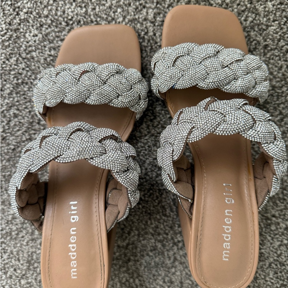 Madden Girl Tan Slide Sandals with Crystal Braided Straps
